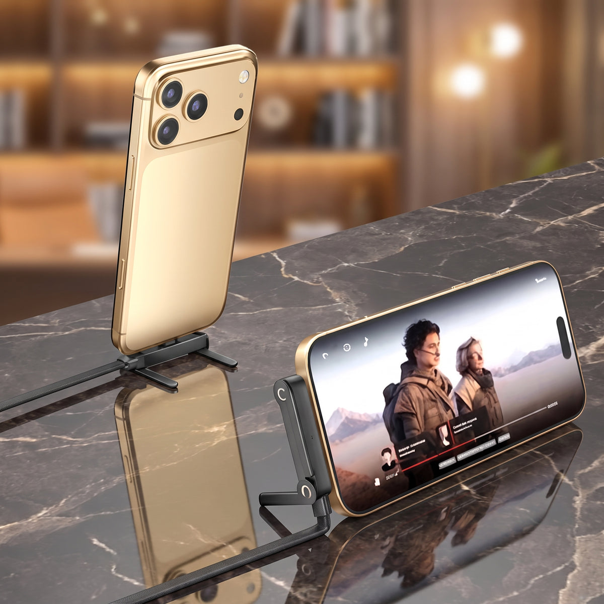 DuoPlug 2-in-1 braided charging cable with built-in phone stand