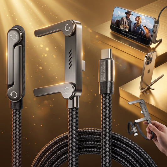 DuoPlug 2-in-1 braided charging cable with built-in phone stand