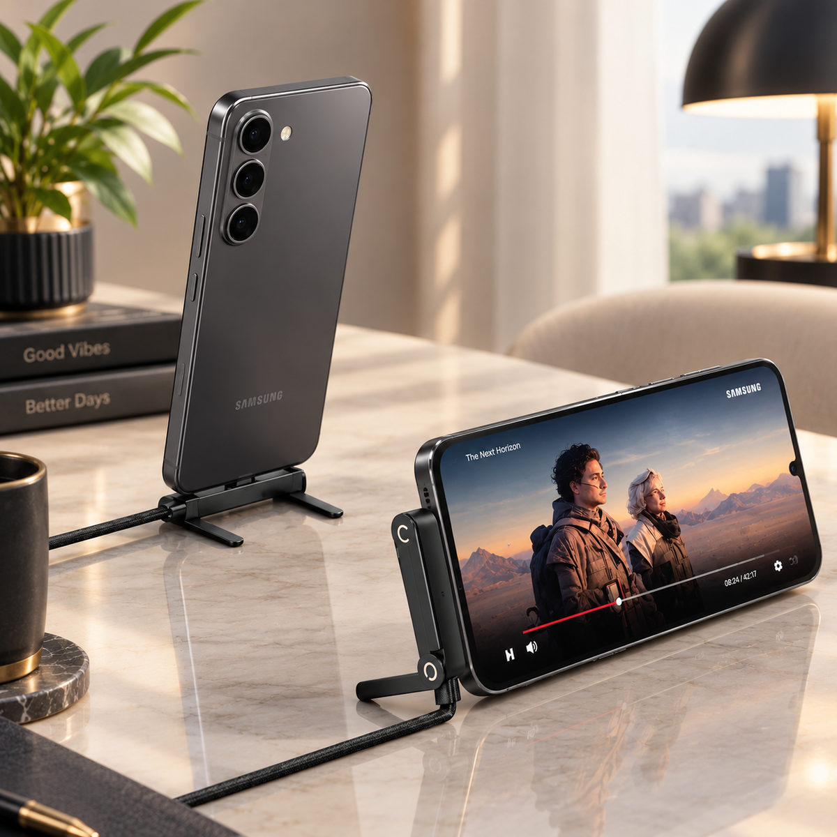 DuoPlug 2-in-1 braided charging cable with built-in phone stand